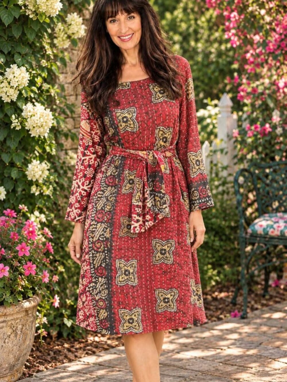 New! Handmade KANTHA Belted Tunic Style Dress Free Size Red & Black Multi
